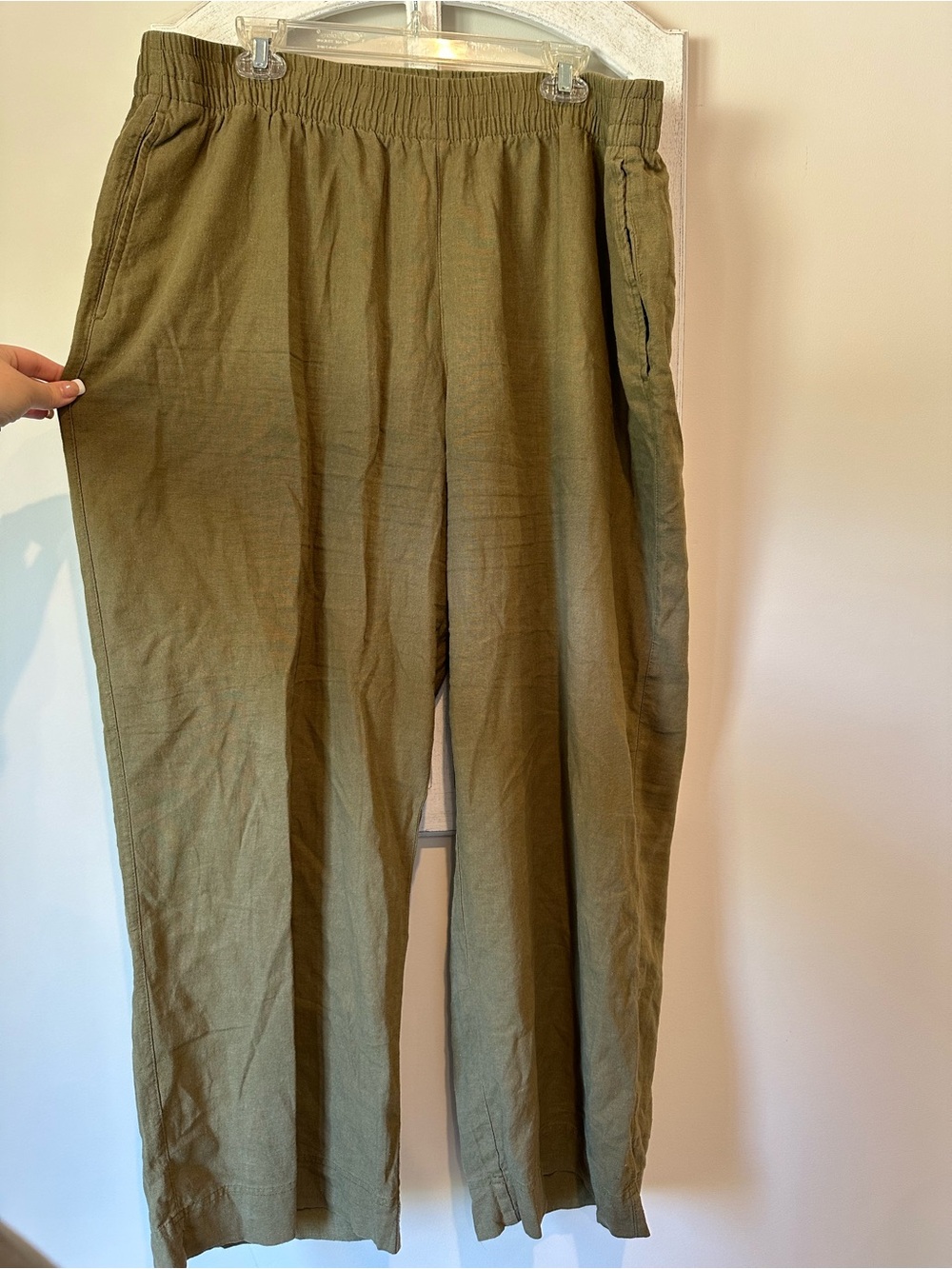 Women’s Olive Green Linen Elastic-Waist Pants